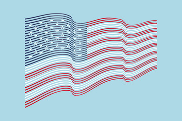 USA flag vector on blue background. Wave stripes flag of United state of America, line illustration.