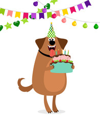 Cartoon dog and cake birthday card