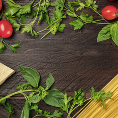 Overhead photo of Italian food products with copy space