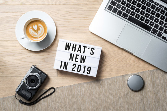 What's new in 2019 written on lightbox as flatlay