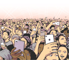 Stylized drawing of party crowd at concert cheering and recording in color