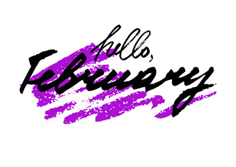 Hello February. Hand drawn stylized lettering with creative brush stroke on white background. Vector illustration