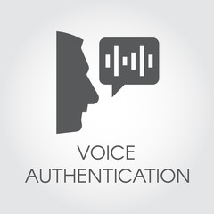 Voice authentication black flat icon. Profile of man head and bubble with soundwave. Technology of sound identification in mobile phones, smartphones and other devices. Security innovation system logo