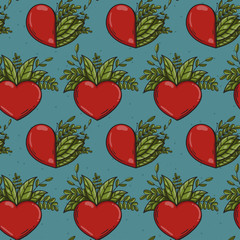 Seamless pattern with half nature plants and red hearts