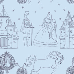 Seamless pattern with prince, princess, castle, carriage with horse and butterflies. Fairy tale theme. Isolated objects. Vintage vector illustration