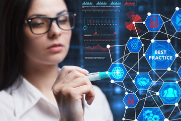 The concept of business, technology, the Internet and the network. A young entrepreneur working on a virtual screen of the future and sees the inscription: Best practice