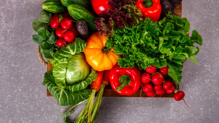 Background of vegetables.Different Fresh Farm Vegetables. Harvest. Food or Healthy diet concept.Vegetarian.Copy space for Text.selective focus.