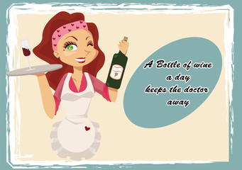 Vintage wine poster with a cartoon waitress and a popular saying