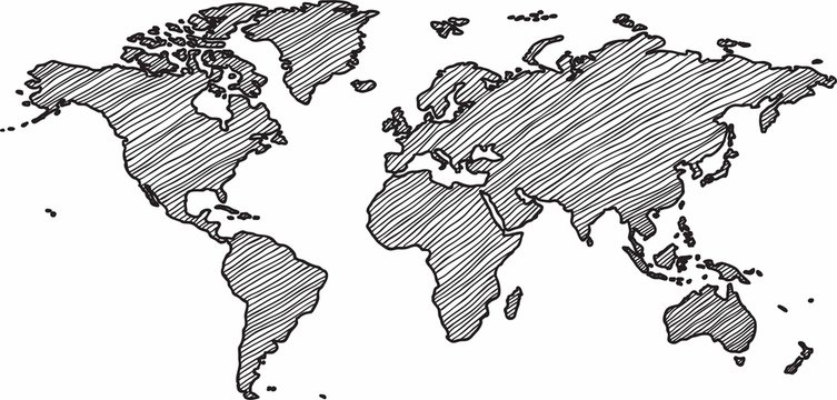 Freehand World Map Sketch On White Background.