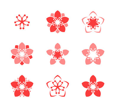 Cherry blossom. Icon set. Spring flowers on white background 