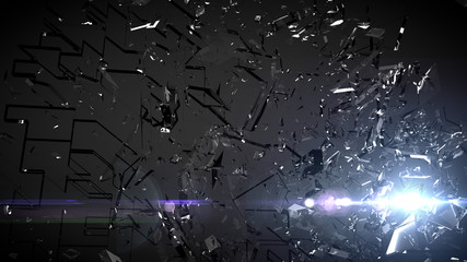 Smash glass cube, black background, lens flare. 3d illustration, 3d rendering.