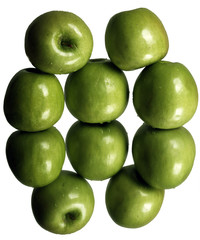 Fresh ripe green apples with green leaves as background