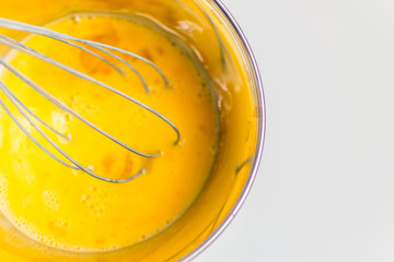 Whisk the eggs in a bowl.