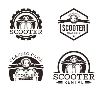 Set of Classic scooter emblems, icons and badges. Vector illustration of vintage scooters on white background. Transportation logo