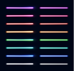 Neon light tubes set. Colorful glowing stripes collection isolated on dark blue background. Luminous elements for game design. Futuristic vector illustration. EPS 10