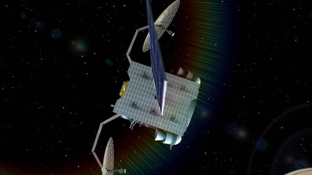 Fictional space satellite is approaching Saturn, 3d animation. Texture of the Planet was created in the graphic editor without photos and other images.