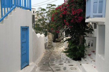 Quiet street with flowers in Mykonos, Greece