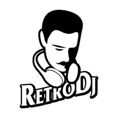 Man retro style with mustache and headphones around the head. Title of old-style lettering.