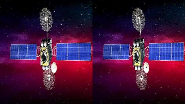 Horizontal anamorphic stereo pair, fictional artificial satellite rotates on background of abstract space nebula, seamless loop, 3d animation