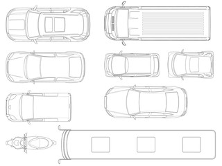 Obraz premium Set of cars top view in outline. Vector set of outline icons cars. City transport. View to the top