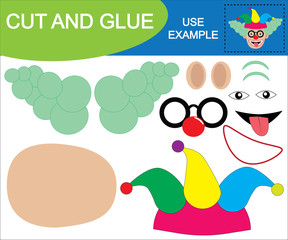 Create the image of face of clown using scissors and glue. Educational game for children.