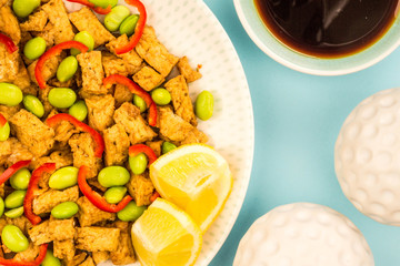 Deep Fried Chinese Style Vegetarian or Vegan Tofu With Spicy Red Chillies And Edamame Beans