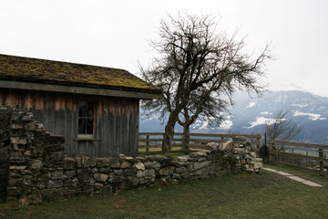 Chicken house made of wood. In the background are alps in the fog. Before the chicken coop old stone wall runs, next to it grow a pair of trees. There is a wooden fence around.