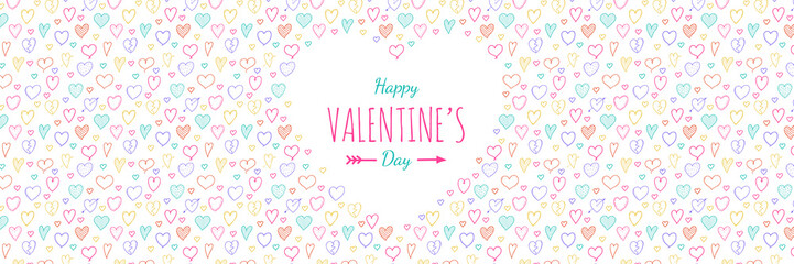 Panoramic banner with heart doodles for Valentin'e s Day. Vector.