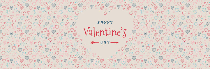 Fototapeta na wymiar Panoramic banner with heart doodles for Valentin'e s Day. Vector.