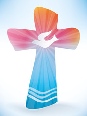 Christian cross baptism with waves of water and dove on colorful background
