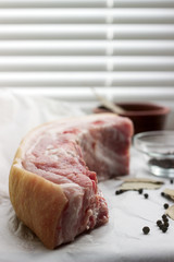 Raw fat pork belly on white paper.