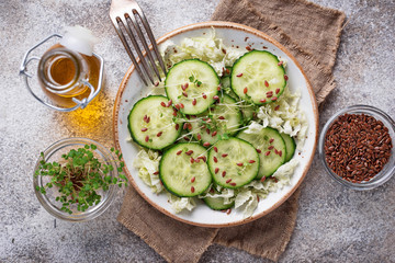 Healthy spring salad with cucumber, flax seed and cress 