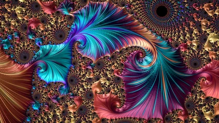  Een abstract computergegenereerd fractal ontwerp. Een fractal is een oneindig patroon. Fractals zijn oneindig complexe patronen die op verschillende schalen gelijk zijn. © NelsonCharette Media