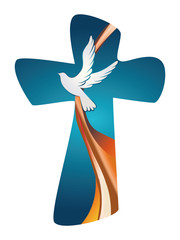 Holy Spirit symbol. Christian cross with dove on blue background