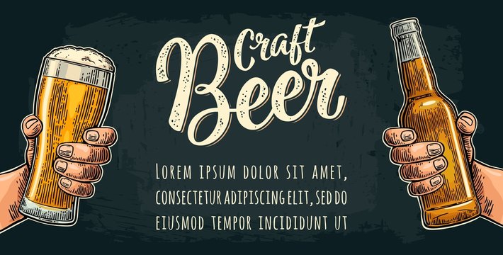 Male hand holding beer glass. Craft Beer calligraphic lettering