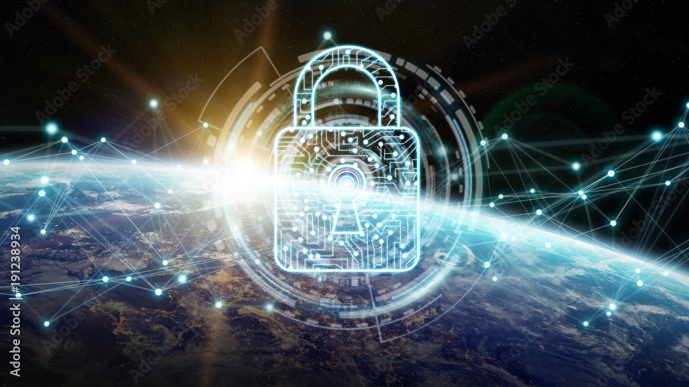 Wall mural cyber security on planet earth 3d rendering