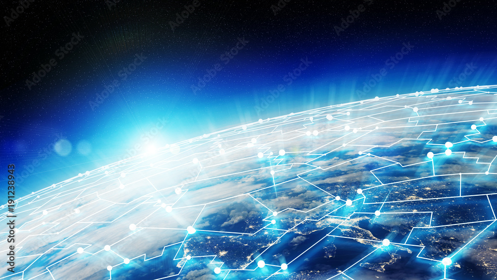 Poster Connections system and datas exchanges on planet Earth 3D rendering