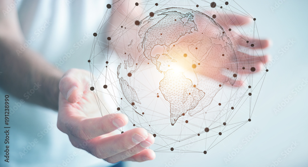 Poster businessman using usa world map interface 3d rendering