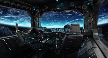 Fotobehang Ruimteschip grunge interieur met uitzicht op de planeet aarde © sdecoret