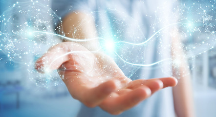 Businessman using digital network connection sphere 3D rendering