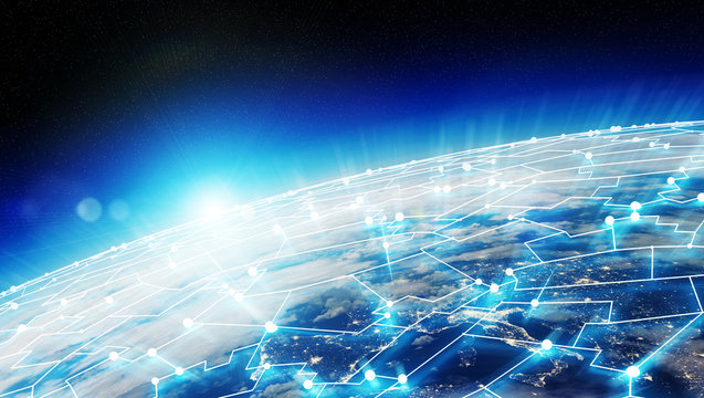 Connections system and datas exchanges on planet Earth 3D rendering