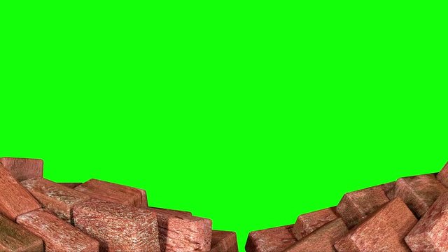 Wrecking red bricks wall reveal greenscreen, loop