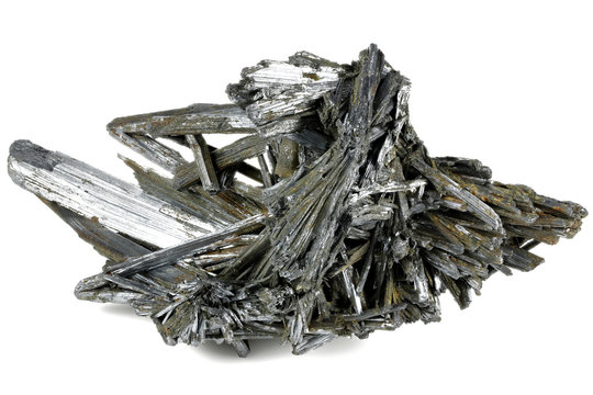 stibnite crystal cluster from Hunan/ China isolated on white background