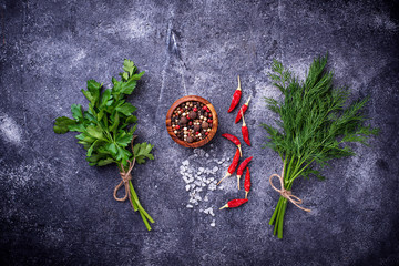 Herbs and spices. Dill, parsley, salt and pepper
