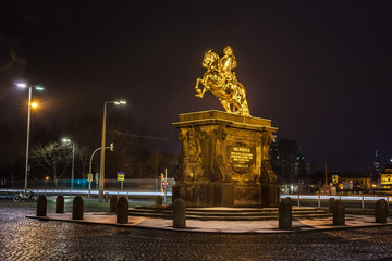 Golden horse "Goldener Reiter", the statue of August the Strong in Dresden at night, Saxony, Germany