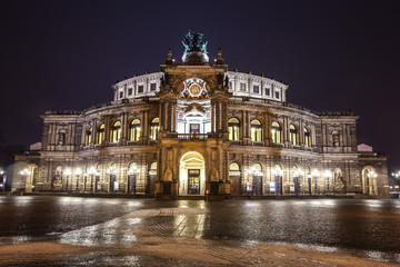Semper Opera House At Night In Dresden; Germany