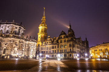 Night view of the Old Town architecture with Elbe river embankment in Dresden, Saxony, Germany