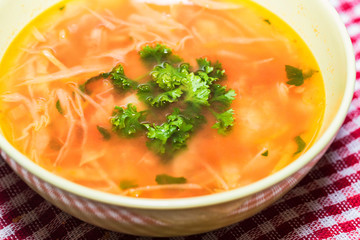 Borscht or Russian red vegetable soup in bowl
