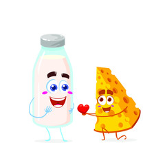 Two funny cartoon characters of cheese and bottle of milk. Vector illustration isolated on white background.