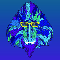Vector ornament face of fashion monkey mandrill with yellow eyeglasses and white mustache. Isolated on blue gradient background.